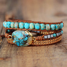 Load image into Gallery viewer, Boho Cut Corner Turquoise Bracelet Jewelry Triple Wrap Hand Braided Leather Cord Bracelet
