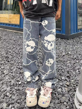 Load image into Gallery viewer, American street dark lightning skull jeans men European and American all match straight trousers
