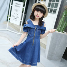 Load image into Gallery viewer, Girls Denim Dresses for Children Jean Clothes Casual Dress Blue Short Sleeve Jeans
