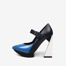 Load image into Gallery viewer, New Platform Women Shallow Pumps Pointed Toe Blue Mixed Black Leather High Heels Chic Mary Jeans Strap Party Stilettos
