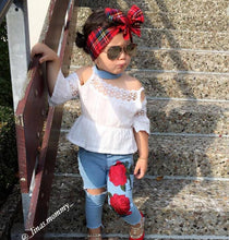 Load image into Gallery viewer, Girls Set Europe And America Rose sling Lace Shirt Jeans Children&#39;s Suit Wear Printed Jeans
