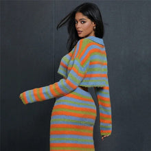 Load image into Gallery viewer, Autumn Knitted Striped Two Piece Sets Women Y2K Long Sleeve Jacket Coat High Slit Long Skirts Suite Evening Party Dress Sets
