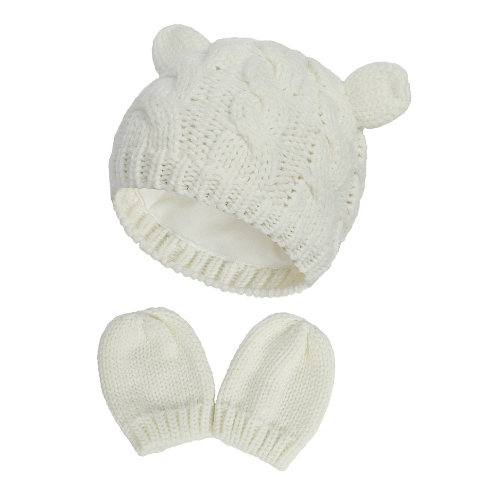 New Baby Kids Girls Boys Winter Warm Knit Hat Ear Solid Warm Cute Glove 2pcs