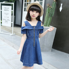 Load image into Gallery viewer, Girls Denim Dresses for Children Jean Clothes Casual Dress Blue Short Sleeve Jeans
