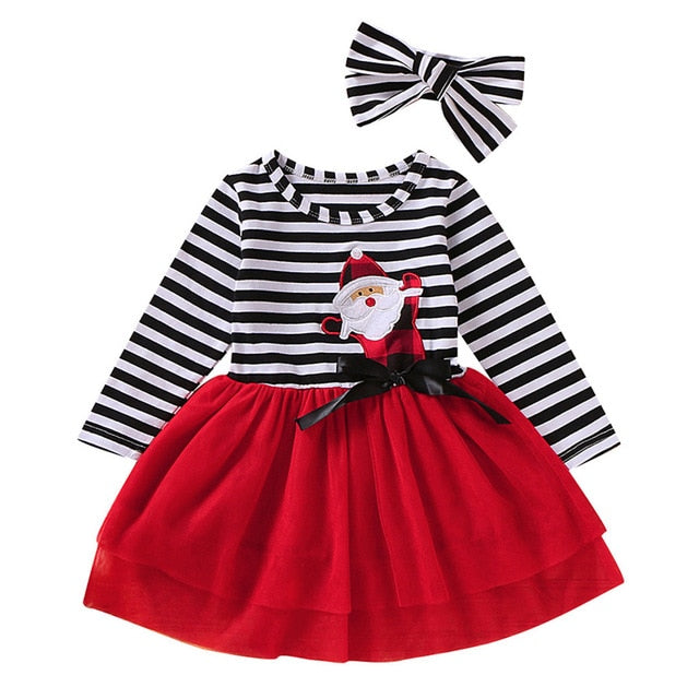 Toddler Girls Christmas Dress Santa Striped Print Dress