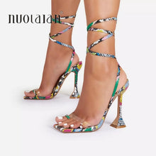 Load image into Gallery viewer, Women High Heels Sandals Summer Outside Snake Print Shoes Woman Lace-Up Cross Strap Gladiator Sandals 11.5CM Heels
