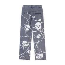 Load image into Gallery viewer, American street dark lightning skull jeans men European and American all match straight trousers
