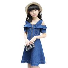 Load image into Gallery viewer, Girls Denim Dresses for Children Jean Clothes Casual Dress Blue Short Sleeve Jeans
