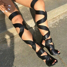 Load image into Gallery viewer, Sexy Open Toe Gladiator Sandals Women Boots Cut-Outs Lace Up Thigh High Boots High Heels Black Leather Shoes Woman Botas
