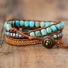 Load image into Gallery viewer, Boho Cut Corner Turquoise Bracelet Jewelry Triple Wrap Hand Braided Leather Cord Bracelet
