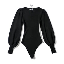 Load image into Gallery viewer, Women Knitted Solid Color Bodysuits Puff Sleeve Elastic Slim Jumpsuits  Long Sleeve Bodysuit
