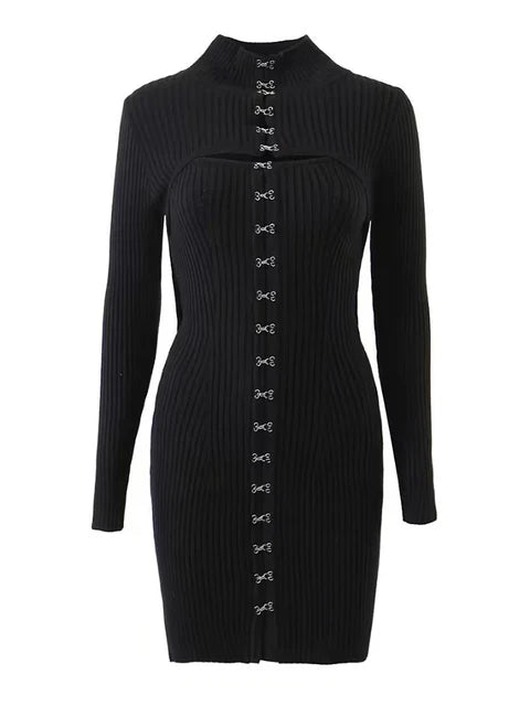 Autumn Winter Fashion Original Design Metal Buckle Knitted Shoulder Sleeve Short Dresses Two-piece Sets Women