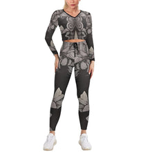 Load image into Gallery viewer, R&amp;RH Womens Graphic Design V-neck Long Sleeve Grey Yoga Sweatsuit Set
