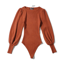 Load image into Gallery viewer, Women Knitted Solid Color Bodysuits Puff Sleeve Elastic Slim Jumpsuits  Long Sleeve Bodysuit
