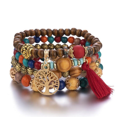 4Pcs Bohemia Tree Of Life Charm Beaded Bracelet Set For Women Handmade Wood Bead