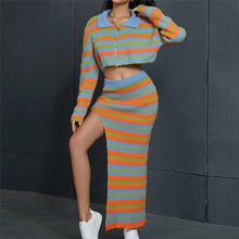 Load image into Gallery viewer, Autumn Knitted Striped Two Piece Sets Women Y2K Long Sleeve Jacket Coat High Slit Long Skirts Suite Evening Party Dress Sets
