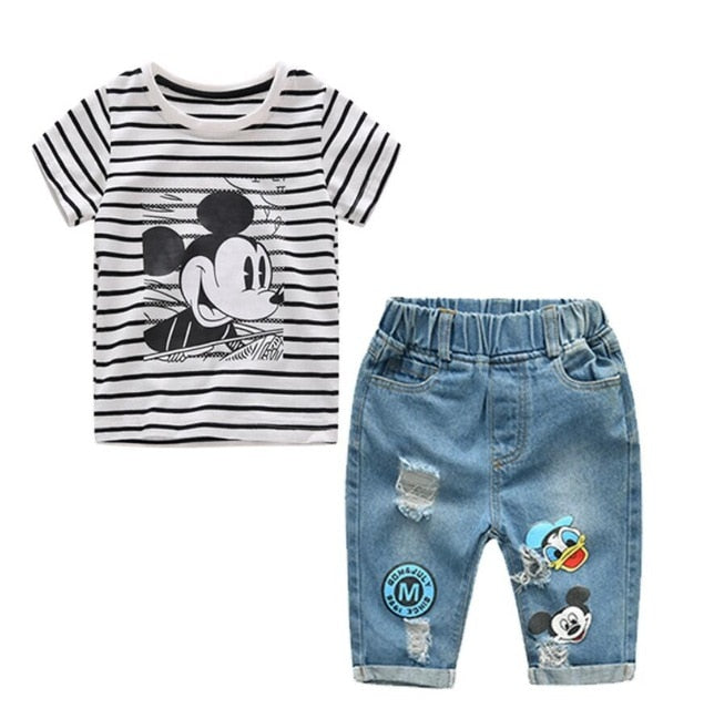 Infant Boys Girls Summer Cartoon Striped T Shirt + Denim Shorts Clothes 2pcs Sets Children Kids Hole Jeans Clothing