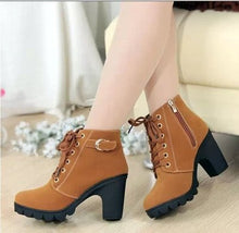 Load image into Gallery viewer, Autumn and Winter New High Heel Women&#39;s Boots Cross Tie Short Boots Thick Heel Martin Boots Leather Boots
