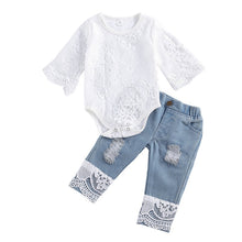 Load image into Gallery viewer, New Fashion 0-24M Baby Girls Fall Clothes Long Sleeve Lace Romper Suit Triangle Crotch Lace Top  Hole Long Jeans 2Pcs Outfit
