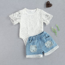 Load image into Gallery viewer, New Fashion 0-24M Baby Girls Fall Clothes Long Sleeve Lace Romper Suit Triangle Crotch Lace Top  Hole Long Jeans 2Pcs Outfit
