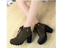 Load image into Gallery viewer, Autumn and Winter New High Heel Women&#39;s Boots Cross Tie Short Boots Thick Heel Martin Boots Leather Boots
