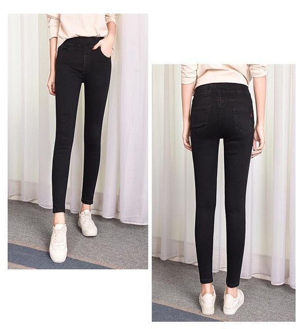 Casual 6XL Elastic Waist Jeans Woman Plus Size High Waist Solid Autumn Winter Denim Cotton Elasticity Denim Pants