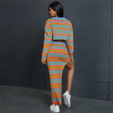 Load image into Gallery viewer, Autumn Knitted Striped Two Piece Sets Women Y2K Long Sleeve Jacket Coat High Slit Long Skirts Suite Evening Party Dress Sets
