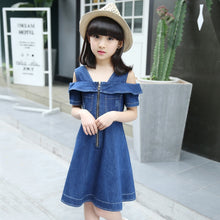 Load image into Gallery viewer, Girls Denim Dresses for Children Jean Clothes Casual Dress Blue Short Sleeve Jeans
