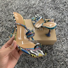 Load image into Gallery viewer, Women High Heels Sandals Summer Outside Snake Print Shoes Woman Lace-Up Cross Strap Gladiator Sandals 11.5CM Heels
