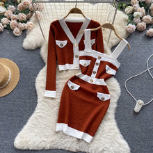 Load image into Gallery viewer, Autumn French OL Knitted Sets Chic Button Short Knit Cardigan Coat+Camis Dress Women Autumn Sweater Two Pieces Suits
