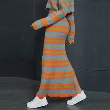 Load image into Gallery viewer, Autumn Knitted Striped Two Piece Sets Women Y2K Long Sleeve Jacket Coat High Slit Long Skirts Suite Evening Party Dress Sets
