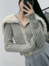 Load image into Gallery viewer, New Women&#39;s Plush Neck Striped Knitted Cardigan 2023 Autumn Fashion Turn-down Collar Long Sleeves Sweaters
