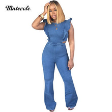 Load image into Gallery viewer, Casual Bodycon Sleeveless Jean Jumpsuits Women Summer Back Zipper Ruffle Jumpsuits Sexy Backless Denim Jeans Jumpsuit
