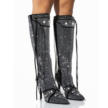 Load image into Gallery viewer, Woman Bling Crystal Knee-high Boots Sexy Pointed Toe Stiletto Tassel Boots
