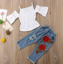 Load image into Gallery viewer, Girls Set Europe And America Rose sling Lace Shirt Jeans Children&#39;s Suit Wear Printed Jeans
