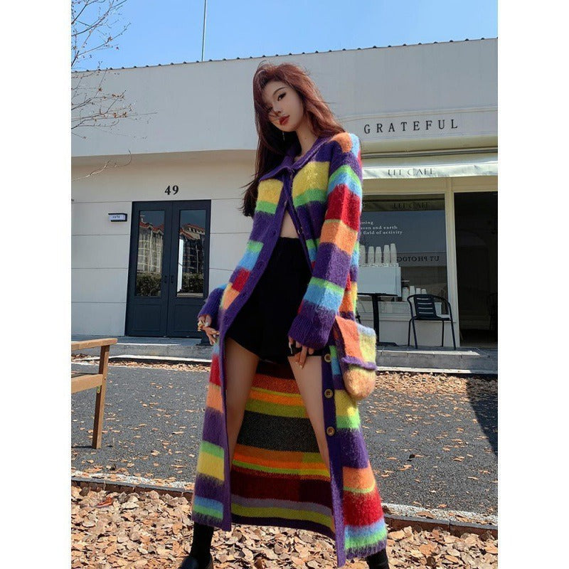 Rainbow Striped Sweater Coat Women's Autumn and Winter