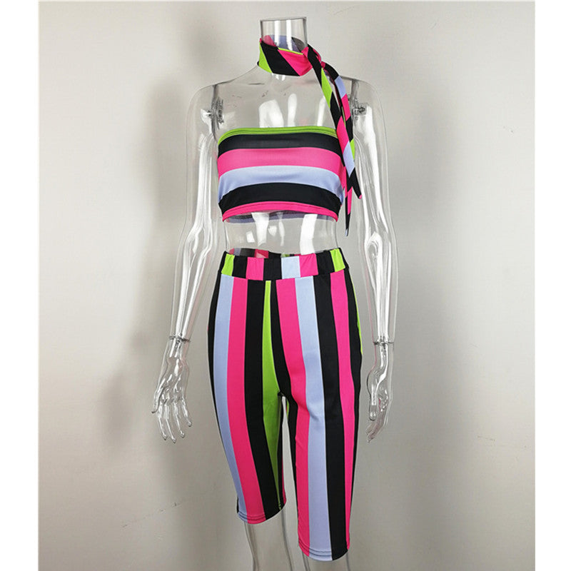 Striped Sexy Two Piece Set Top and Pants