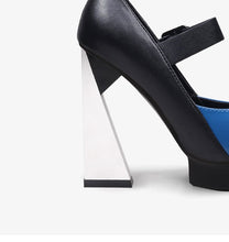 Load image into Gallery viewer, New Platform Women Shallow Pumps Pointed Toe Blue Mixed Black Leather High Heels Chic Mary Jeans Strap Party Stilettos
