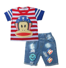 Load image into Gallery viewer, Infant Boys Girls Summer Cartoon Striped T Shirt + Denim Shorts Clothes 2pcs Sets Children Kids Hole Jeans Clothing
