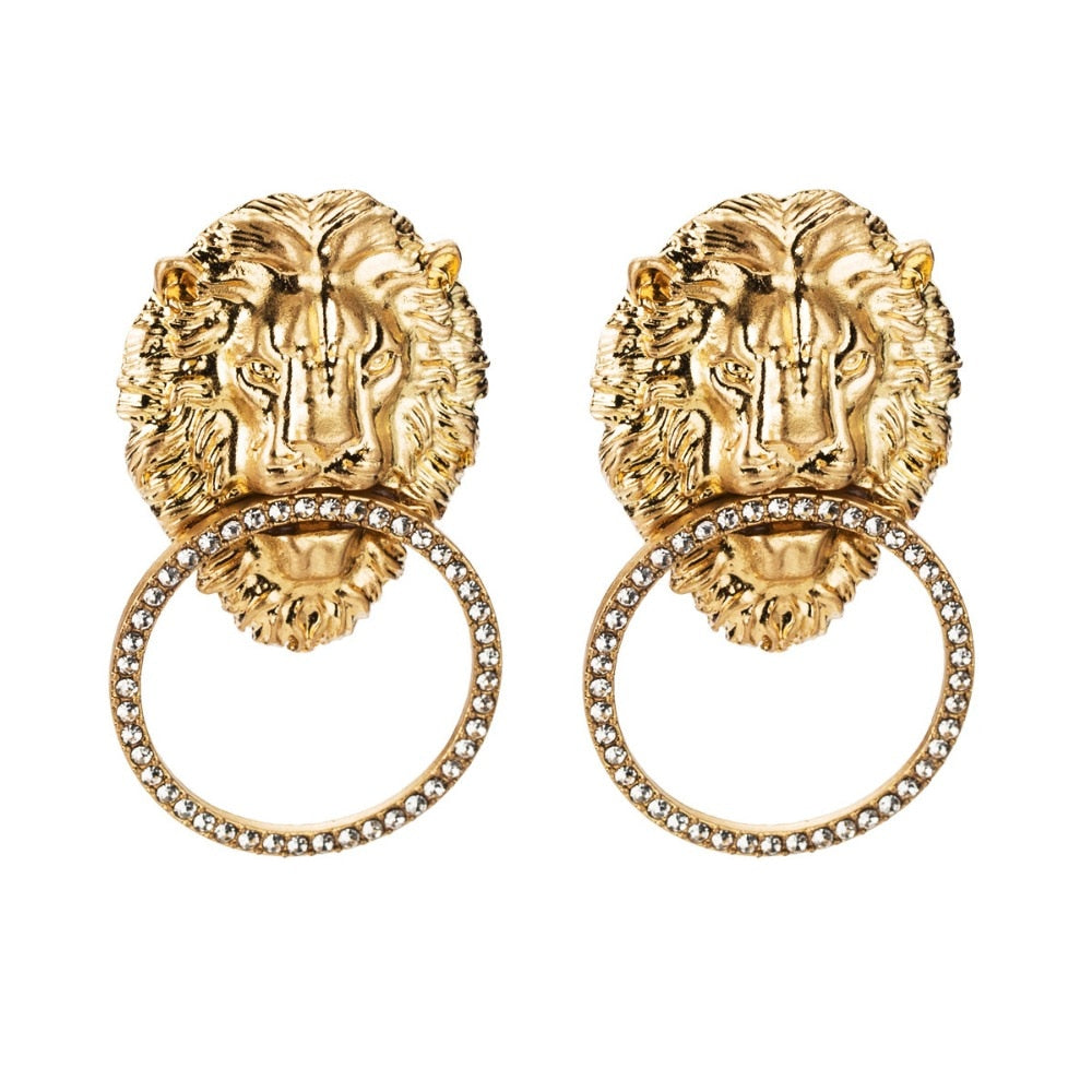 Vintage Alloy Lion Head Charm Drop Dangle Earrings For Women