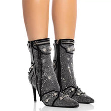 Load image into Gallery viewer, Woman Bling Crystal Knee-high Boots Sexy Pointed Toe Stiletto Tassel Boots
