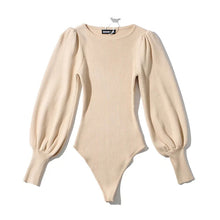 Load image into Gallery viewer, Women Knitted Solid Color Bodysuits Puff Sleeve Elastic Slim Jumpsuits  Long Sleeve Bodysuit
