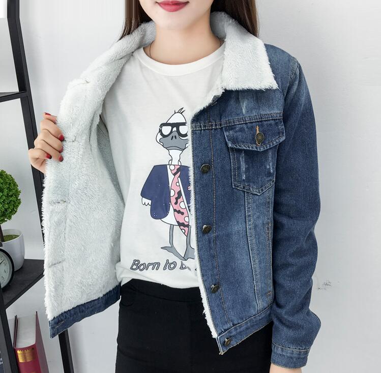 Spring Autumn Winter Women lambswool jean Coat With 4 Pockets Long Sleeves Warm Jeans Coat Outwear Wide Denim Jacket