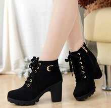 Load image into Gallery viewer, Autumn and Winter New High Heel Women&#39;s Boots Cross Tie Short Boots Thick Heel Martin Boots Leather Boots
