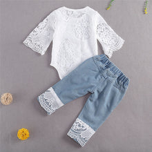 Load image into Gallery viewer, New Fashion 0-24M Baby Girls Fall Clothes Long Sleeve Lace Romper Suit Triangle Crotch Lace Top  Hole Long Jeans 2Pcs Outfit
