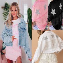 Load image into Gallery viewer, Autumn Winter Women Stars Sequined Tassels Denim Coat Raw Edge Chains Fringed Ripped Jeans Jacket Outwear Cardigan Chaquetas
