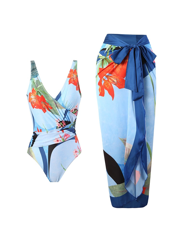 Vintage Flora Print Women Bikini Sets Swimsuit & Skirt Sexy Asymmetrical One Piece Swimwear Female Cover Up Beach Bathing Suits