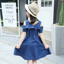 Load image into Gallery viewer, Girls Denim Dresses for Children Jean Clothes Casual Dress Blue Short Sleeve Jeans
