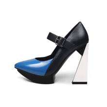 Load image into Gallery viewer, New Platform Women Shallow Pumps Pointed Toe Blue Mixed Black Leather High Heels Chic Mary Jeans Strap Party Stilettos
