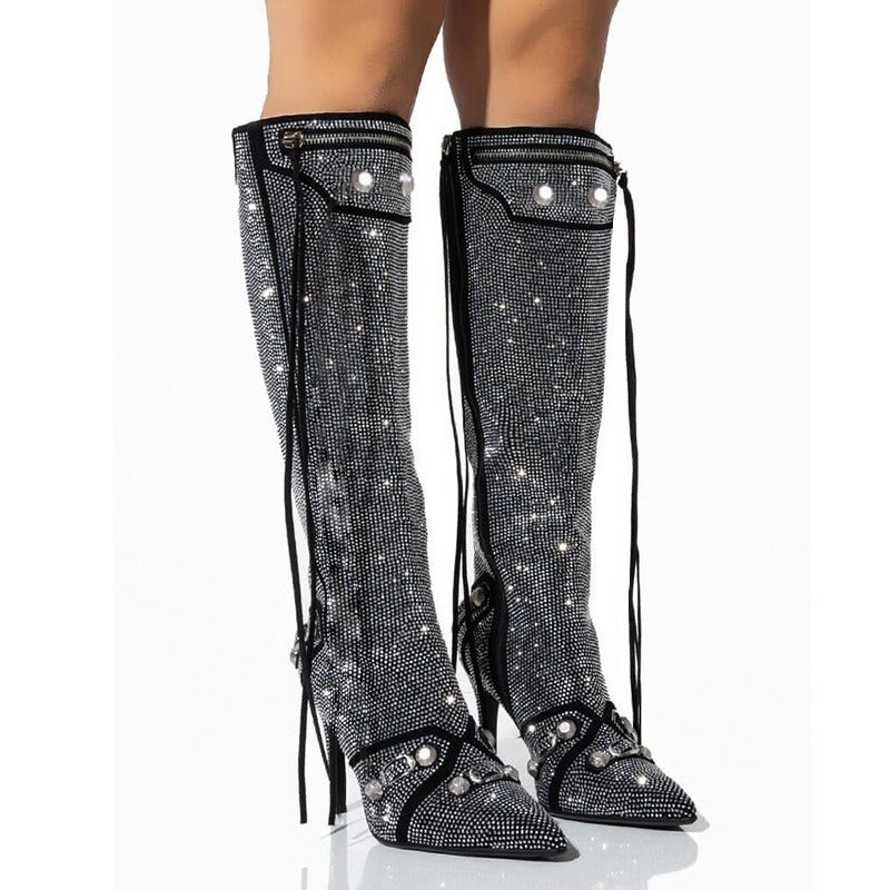 Woman Bling Crystal Knee-high Boots Sexy Pointed Toe Stiletto Tassel Boots